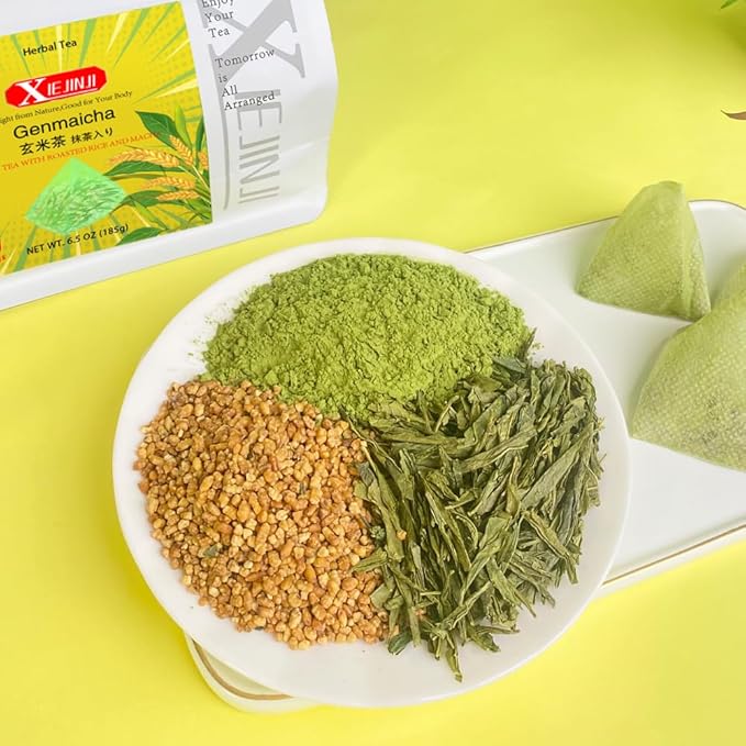 XIEJINJI Genmaicha, Green Tea with Matcha - 3.7g x 50 Count, Japanese-style Roasted Brown Rice Tea, Low Caffeine, Eco-Conscious Tea Bags