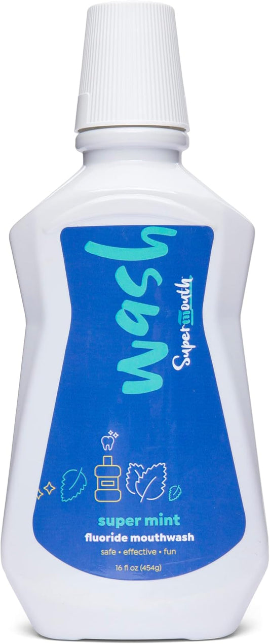 SuperMouth® Fluoride Mouthwash – Fluoride + Nano-Hydroxyapatite, Vitamins D3 & K2, Prebiotics, Alkaline pH 8.5, Alcohol-Free, Strengthens Enamel, Freshens Breath, Safe Clean Ingredients, Tasty Flavors