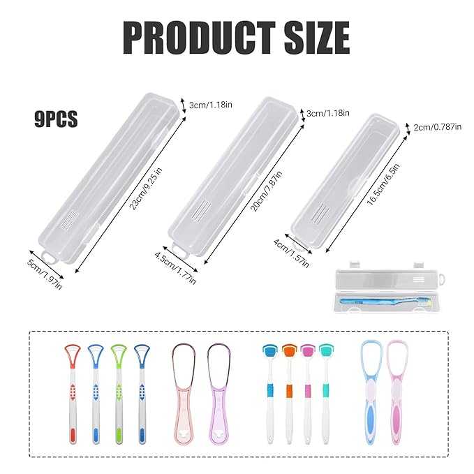 9 Pcs Tongue Scraper Case, Portable Clear Tongue Scraper Travel Case, Transparent Appearance, Easy to Open and Close, Not Easy to Break, Can Accommodate Dental Floss, Toothbrush, Small Teaspoon
