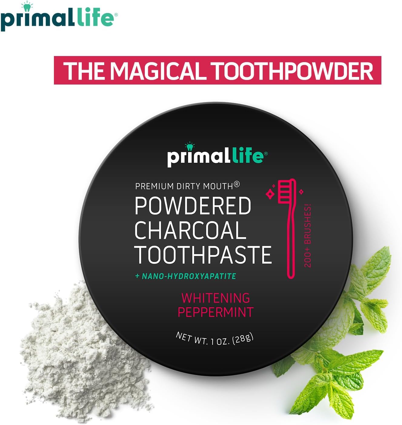 Primal Life Organics - Dirty Mouth Toothpowder, Activated Charcoal Tooth Cleaning Powder, Essential Oils with Kaolin & Bentonite Clay, Good for 200+ Brushings, Organic, Vegan (Black Peppermint, 1 oz)
