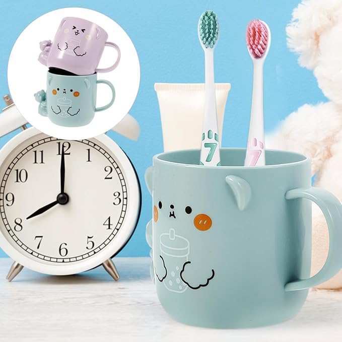 Cartoon Bathroom Tumbler Cups for Kids, 2pcs Tooth Brush Cups Plastic Toothbrush Holders Reusable Water Mugs