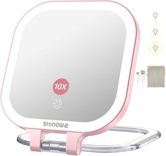 Shinowa Rechargeable Travel Makeup Mirror with 72 LED Lights, 1X/10X Magnifying Vanity Mirror with 3 Color Light, Folding Stand, 7 Inch Portable Dimmable Double Sided Compact Lighted Mirror, Pink