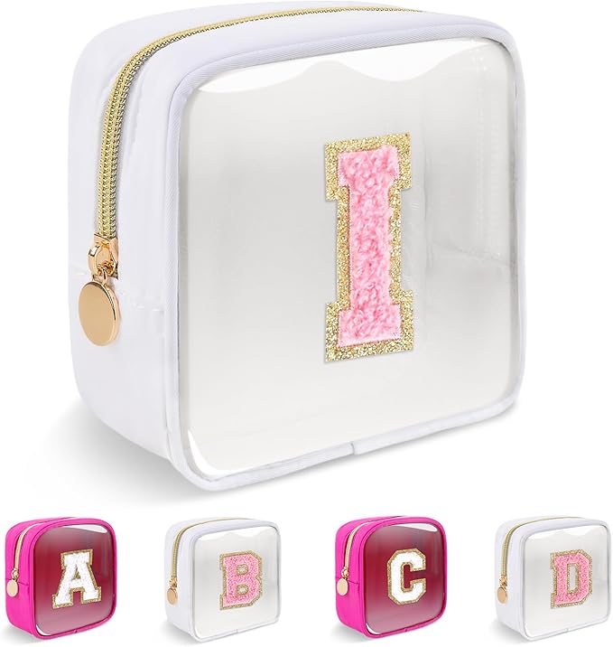 Personalized Initial Letter Clear Preppy Makeup Bag,Mini Nylon Chenille Letter Cosmetic Bag Cute Zipper Pouch Purse for Teen Girls,Portable TSA Approved Beach Travel Essentials Bag Gift for Women,I