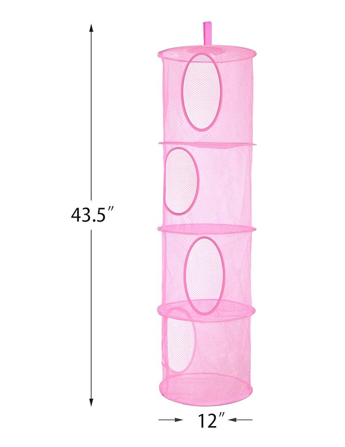 Libeder Mesh Hanging Storage Space Saver Bags Organizer,Foldable Storage Organizer 4 Compartments Toy Storage Basket for Kids Room Bathroom 2 Sets Pink