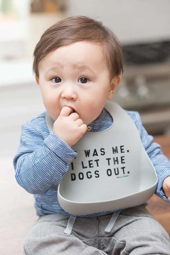 Baby Bib for Eating by Bella Tunno, Waterproof Silicone Bib with Large Food Catcher, Adjustable Fit for Babies 4-12 months & Toddlers 1-3 Years, Boys & Girls, Let The Dogs Out