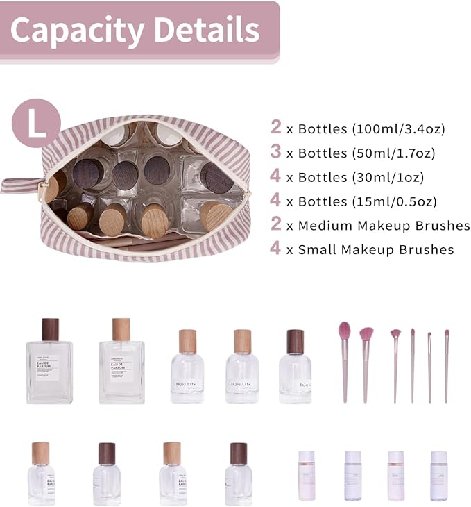 Narwey Cute Makeup Bag Small Toiletry Bag Travel Cosmetic Bag Organizer Make Up Bags with Organized Pockets for Women (Dusty Rose Stripe, Large)