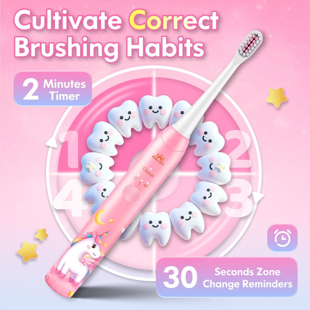 Kids Toothbrush Electric Girls Electric Toothbrush Rechargeable Age 3-5-6-12-18 Year Old, 3 Modes 4 Vibrating Heads Habit-Forming Stickers 31000VPM Girls Toothbrush (Unicorn Pink)