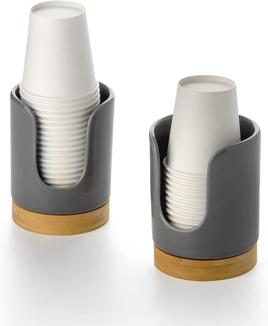 Ceramic Bathroom Cups Dispenser - 3 oz Disposable Paper & Plastic Bathroom Cups Holder - Mouthwash Cups Dispenser for Bathroom, Guest Toiletries, Countertop, Coffee - BPA Free (2 Pack)