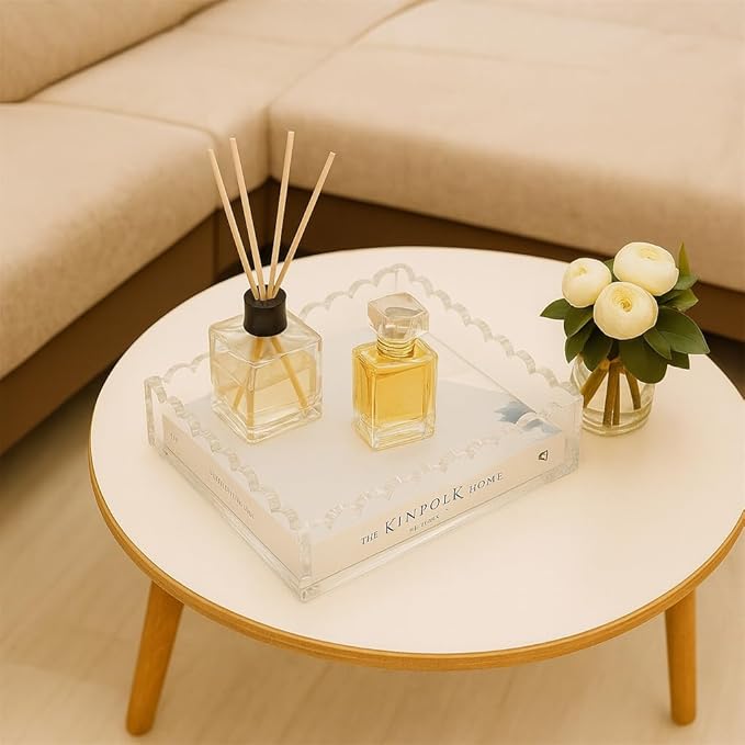 Acrylic Tray with Ultra-Strong Magnetic Mat- Customizable Serving & Display Tray, Clear Scalloped Vanity Jewelry Organizer, Picture Frame Bathroom Tray Decor, Unique Gift for Women Girls