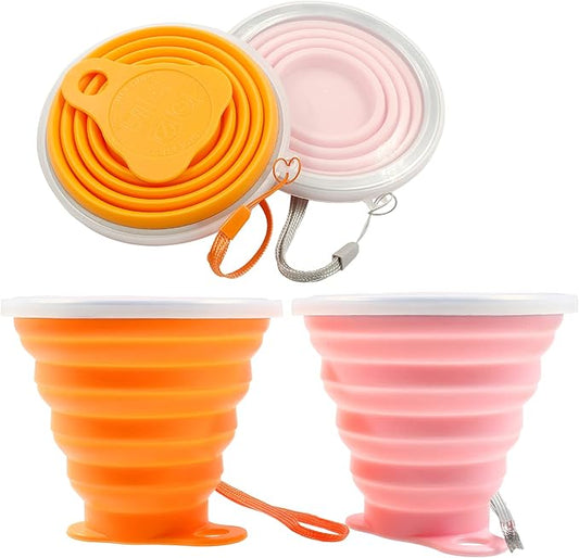 Litoexpe 2 Pack Silicone Collapsible Travel Cup Portable Folding Camping Cup Sets with Lids, Pink & Orange