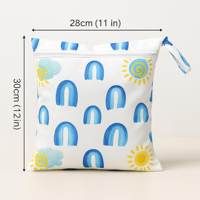 Waterproof Wet Dry Bag, Reusable Diaper Pouch with Zipper, Machine Washable Travel Organizer for Beach, Daycare, Kids, Dinosaur Pattern (Rainbow)