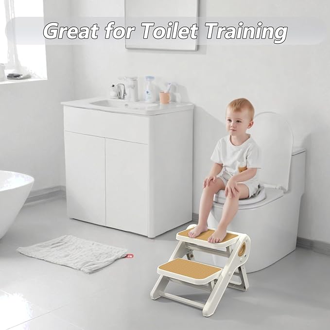 Toddler Step Stool, iNeibo 2-Step Foldable Step Stool for Kids, Widened & Thickened with Anti-Slip Design, Safer for Children Use for Kitchen, Bathroom, Toilet Training - Brown