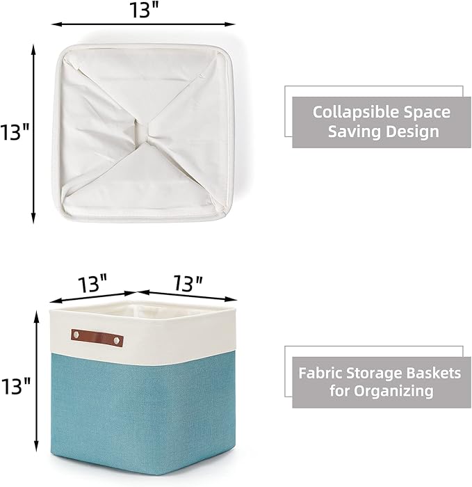HNZIGE Foldable Storage Cubes & Baskets (3 Pack) - 13 Inch Storage Bin with Leather Handles for Toys, Clothes, Kids, Closet (White & Teal)