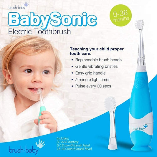 brush-baby - BabySonic Blue Electric Toothbrush, 0-36 Months - Soft, Gentle Vibrating Toothbrush for Sensitive Gums & New Teeth - with LED Light & Suction Base - Baby & Toddler Brush Heads