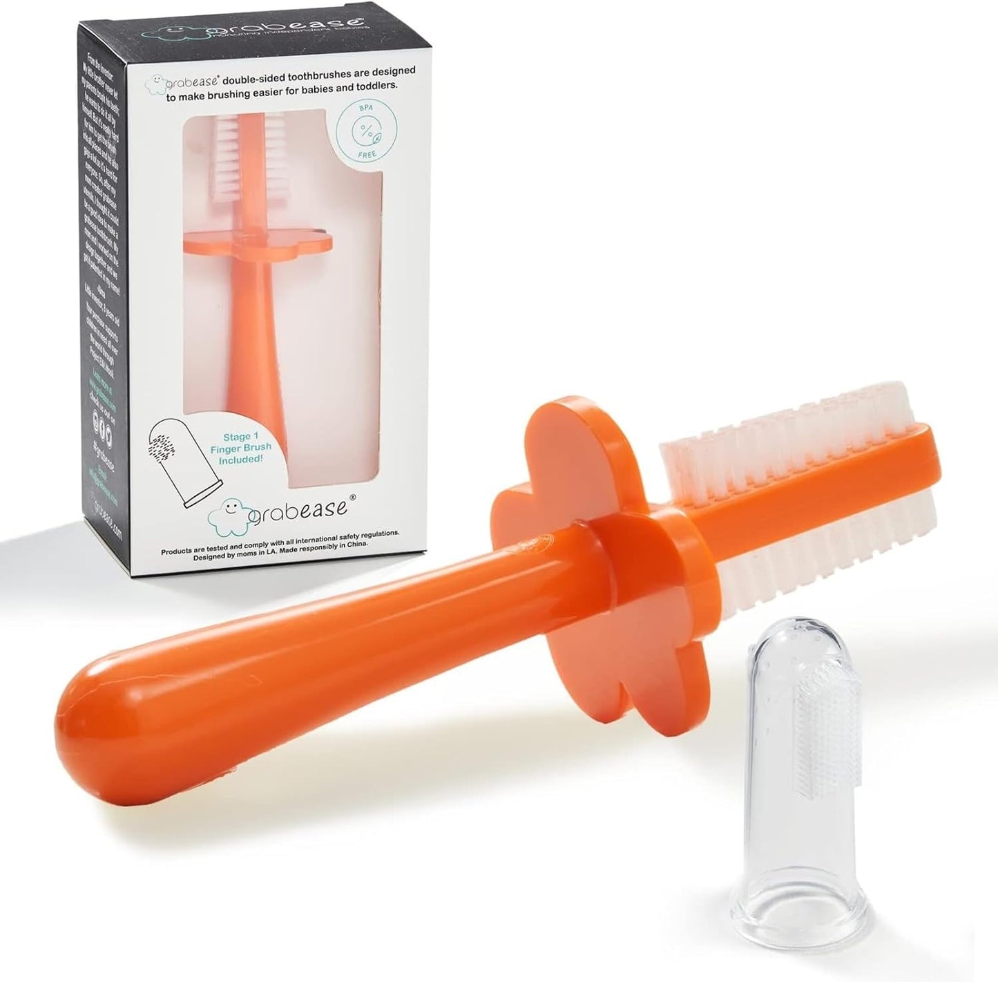 grabease Baby Toothbrush - Double-Sided Toddler Silicone Toothbrush - Dental Silicone Brush for Kids - 1 Count, Orange