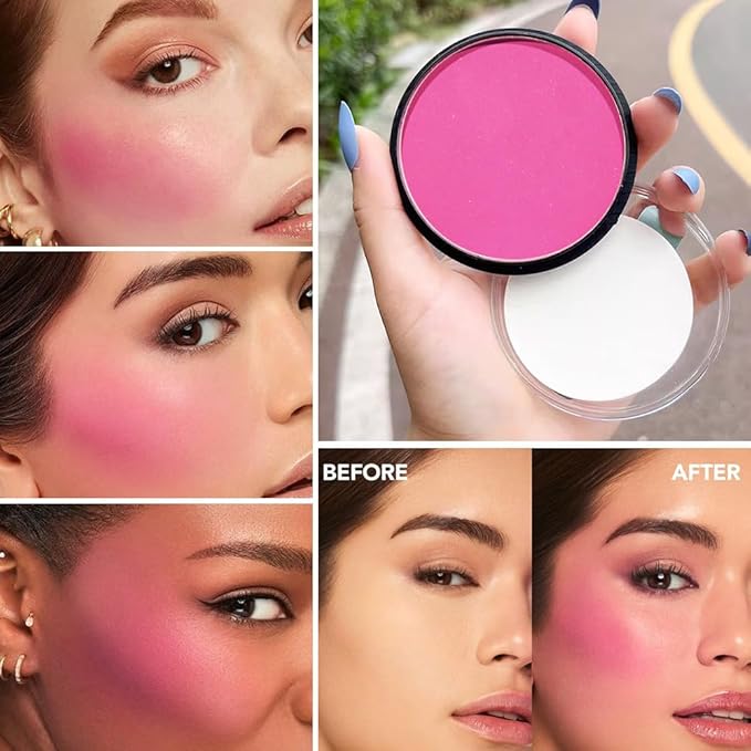 Natural Single Matte for Face Cheeks Blush with Makeup Powder Puff, Watermelon Pink Monochrome Blush Cream Powder Makeup Palette Blushes Long-lasting Blendable Foundation for Women Every Day 06