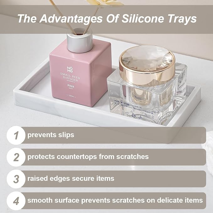 2PCS 11.8” L x 5” W Silicone Soap Dispenser Tray, Bathroom Sink Vanity Trays for Dresser Tops, Toilet, Small Tray for Scrubber, Lotion Bottles, Perfume, Jewelry, Candle, Key Trinket Ring-White Marble