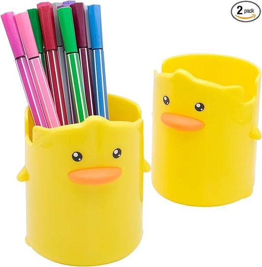 2 Pcs Pencil Holder for Kids, Cute Cartoon Little Yellow Duck Pen Holder, Multifunctional Phone Holder Makeup Brush Holder Stationery Storage Cup