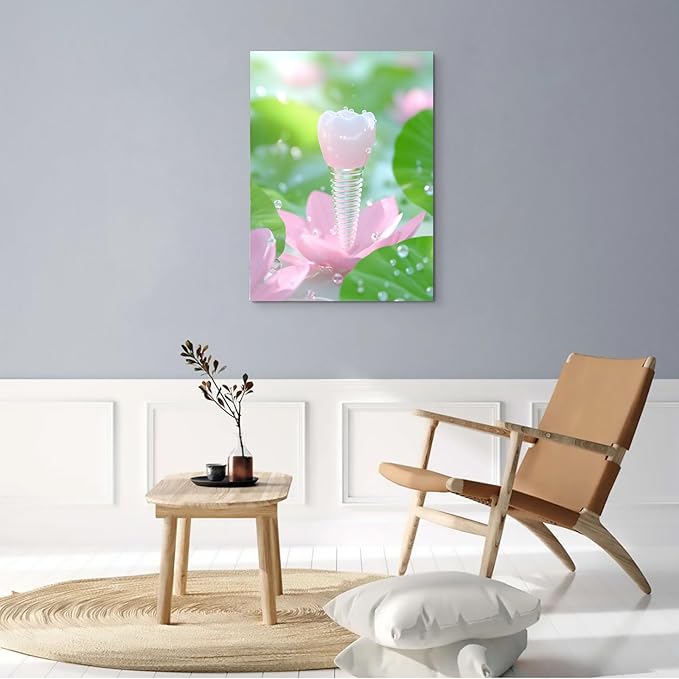 SchindlerBang Dental Canvas Art,Lotus Petal Teeth Illustration,Implant Watercolor Print,Office Clinic Decor,16x24inch Framed Poster Ready to Hang