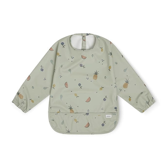 Lalo Smock Bib - Long Sleeve Bib for Infants and Toddlers - Elastic Cuffs, Large Catch-All Pocket, Waterproof Recycled Polyester - Easy to Clean for Mealtime and Art Time - Fruit Print Sage Infant