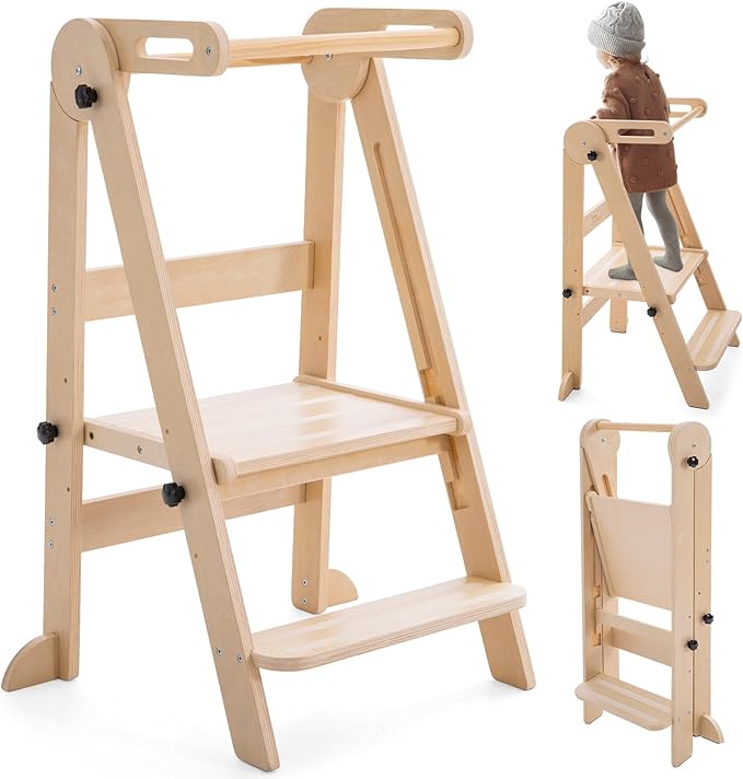 Foldable Toddler Tower - Kitchen Step Stool Helper for Kids 1-6 Years, Montessori Toddler Standing Tower with 3 Adjustable Height for Kitchen Counter Bathroom