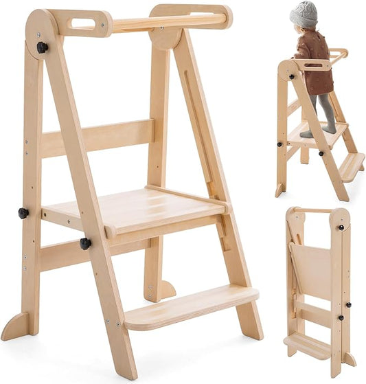 Foldable Toddler Tower - Kitchen Step Stool Helper for Kids 1-6 Years, Montessori Toddler Standing Tower with 3 Adjustable Height for Kitchen Counter Bathroom