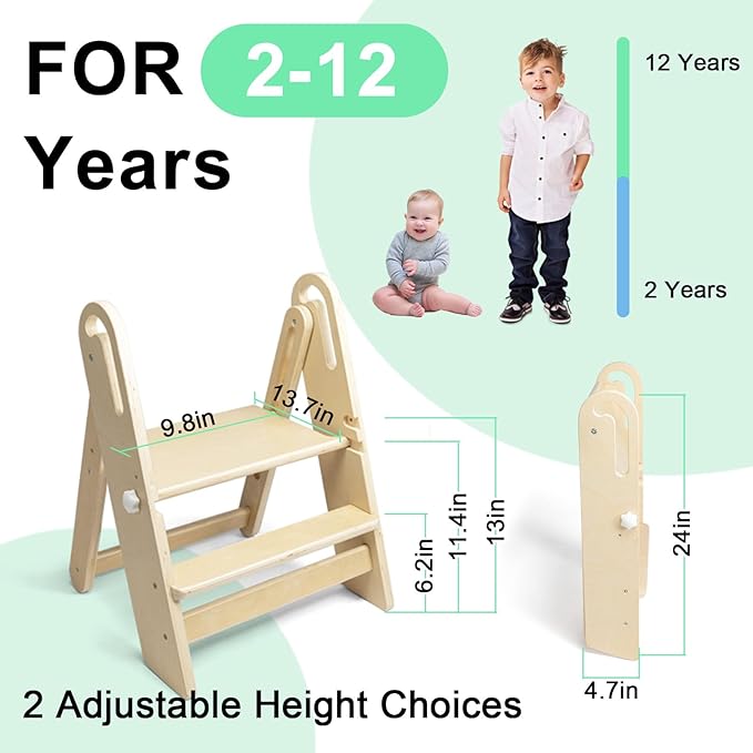 WOOD CITY Step Stool Foldable for Toddlers, Adjustable Kids Step Stool for Bathroom Sink Toilet Potty Training Stool with Handles Child Kitchen Counter Stool Helper Montessori Kitchen Stools