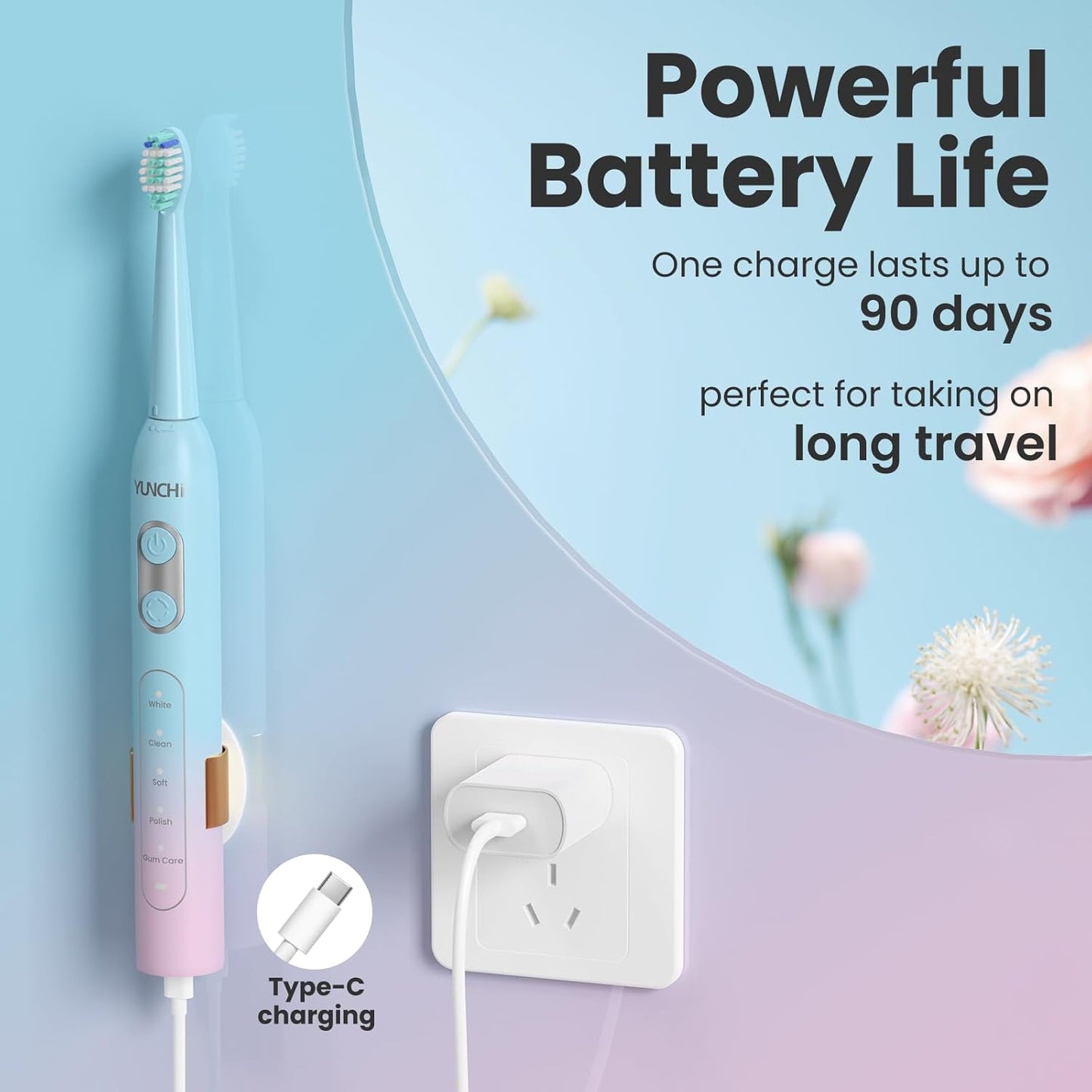 YUNCHI Sonic Electric Toothbrush for Adults,Rechargeable Toothbrushes with Travel Case, 90 Days, 8 Brush Heads, 2 Min Timer, IPX7 Waterproof, 5 Modes, Blue and Pink