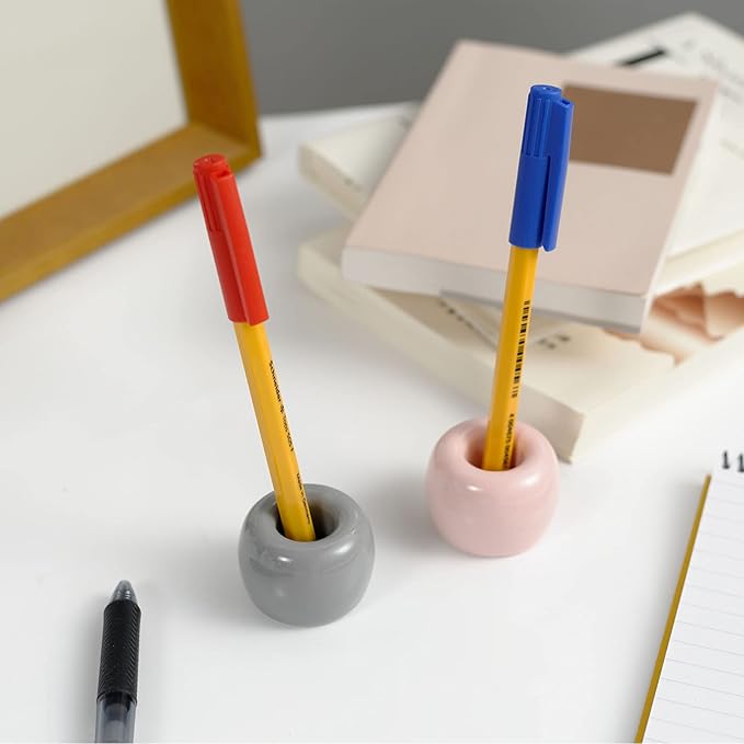 Mini Ceramic Couple Toothbrush Holder, Hand-Made Bathroom Toothbrush Holder, Electric Toothbrush Head Holder and Office Pen Holder 2-Piece Set (Gray)