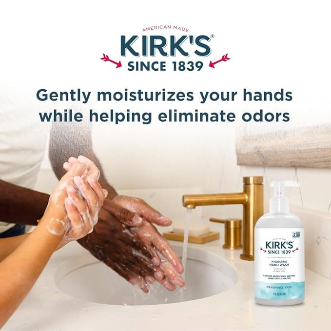 Kirk's Hydrating Hand Wash - Made with Coconut Oil and Aloe Vera, With Odor Neutralizing Technology To Help Eliminate Odors, Non-GMO, Vegan, Fragrance Free, 12 Fl Oz. 4 pack