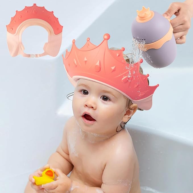 FUNUPUP Baby Shower Cap for Kids with Bath Rinse Cup, Adjustable Toddler Hair Washing Shield Hat Baby Bath Visor Shampoo Hat for Toddlers 6M-9T, Pink