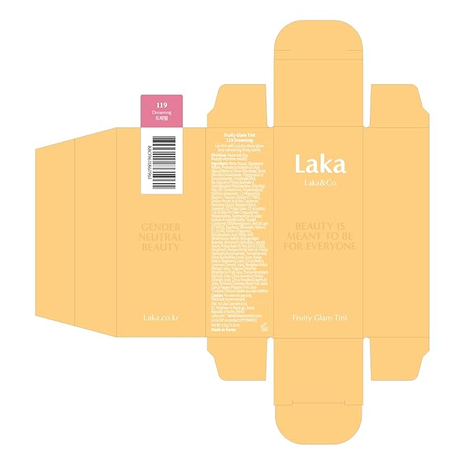 Laka Fruity Glam Tint, 4.5g/0.15oz, Glowing Lip Stain with Wide Color Spectrum, Hydrating & Lightweight Texture, Long-Lasting Bold Stain, Non-Sticky, Vegan, K-Beauty (#119 Dreaming)