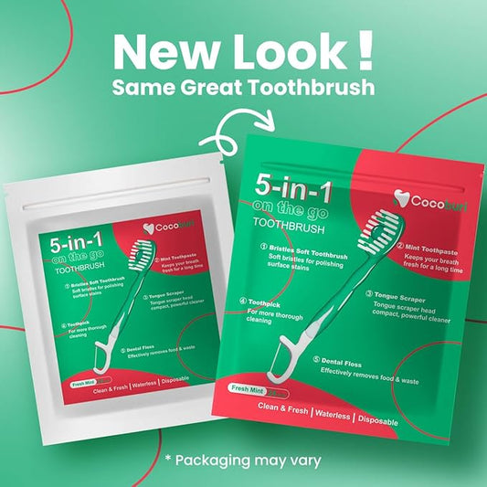 5 in 1 Disposable mini Toothbrushes on The go Toothbrush Portable Travel Toothbrush（Toothpaste + Tongue Scraper + Floss + Picks Individually Wrapped Prepasted Oral Care Mint 24 Packs