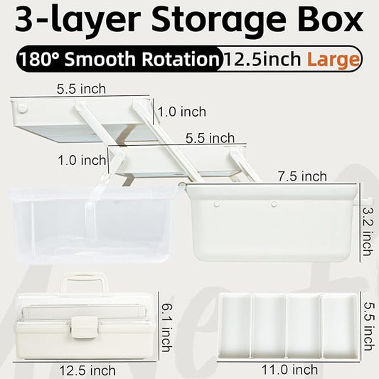 12.5in 3-Layer Multipurpose Craft Organizers and Storage with Adjustable Dividers, Portable Tackle Box, Folding Art & Craft Case for Medicine, Tool, Sewing Organizer (White)