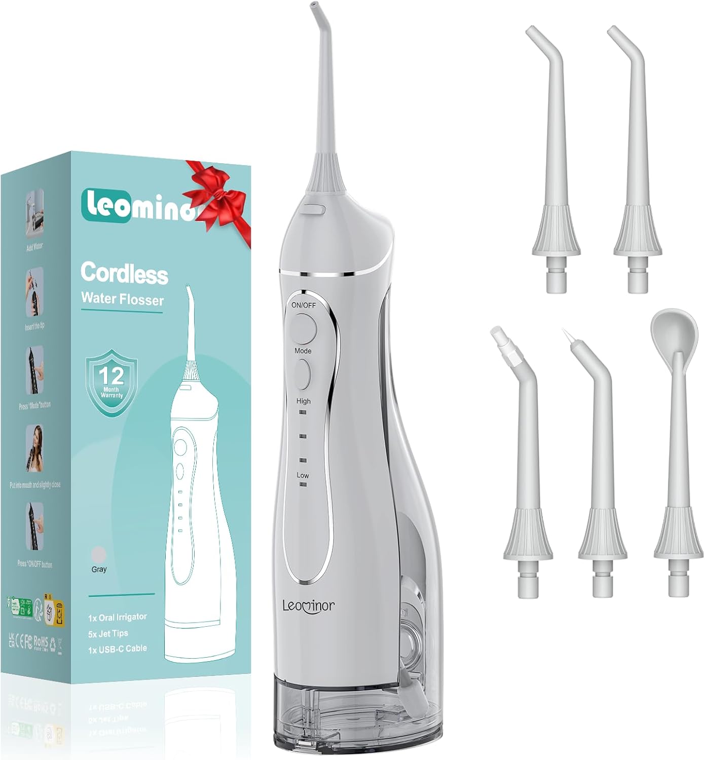 Leominor Water Dental Flosser Pick for Teeth, 300ML Portable Oral Irrigator Upgraded Tank Removable,IPX7 Waterproof, Rechargeable Travel Teeth Cleaner, Professional Electric Flossing Machine (Gray)