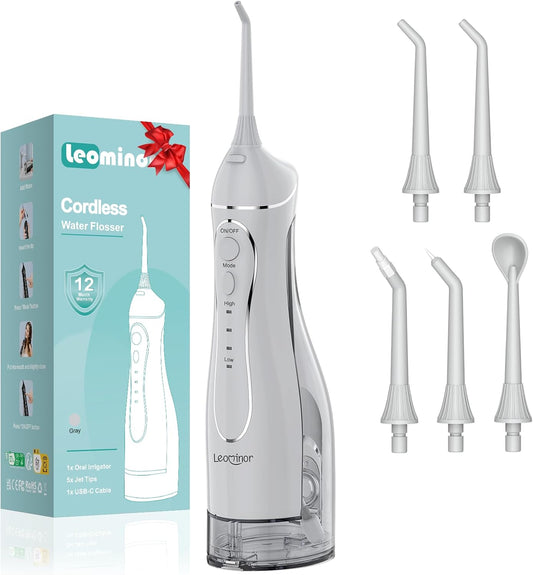 Leominor Water Dental Flosser Pick for Teeth, 300ML Portable Oral Irrigator Upgraded Tank Removable,IPX7 Waterproof, Rechargeable Travel Teeth Cleaner, Professional Electric Flossing Machine (Gray)