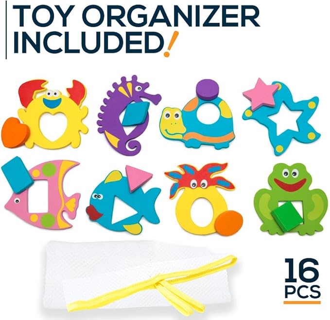 Foam Bath Toys - 100% Non-Toxic Floating Puzzles Animals - Early Learning Bathtub Toy - Fun Educational Geometric Shapes for Toddlers Kids Boys Girls - Free Bath Toy Organizer & Fishing Rod