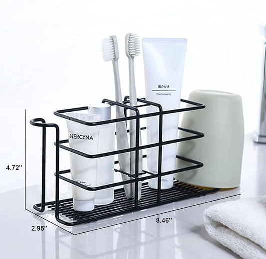 Toothbrush Holder for Bathroom - Metal Countertop Toothbrush and Toothpaste Holder, Creative No-Drill Wall Mounted Tooth Brush Storage Rack Organizer Stand with 2 Mouthwash Cups Hanger (Black)