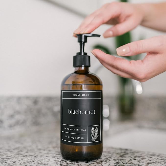 River Birch Bluebonnet Scented Natural Hand Soap -Handmade Hand Soap -Moisturizing Hand Wash with Amber Glass Dispenser - Luxury Scented Hydrating Soap - Vegan and Non-Toxic -16 Fl Oz