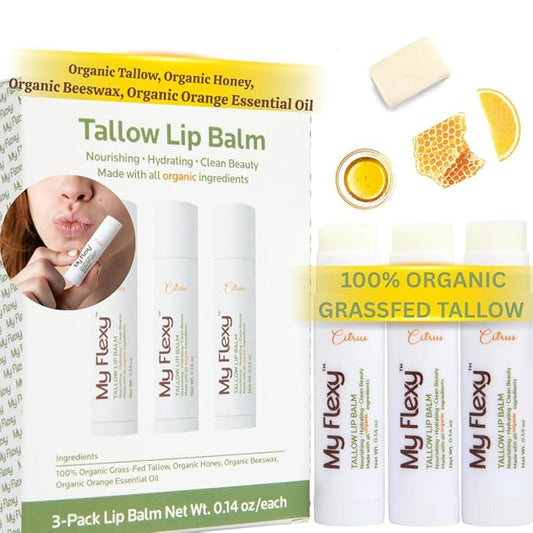 100% Organic Lip Balm Hydrating, Grass-Fed Beef Tallow Lip Balm, Made with Pasture Raised Tallow, Honey, Beeswax, & Orange Essential Oil, Lip Balms & Moisturizers - Bulk Pack of 3