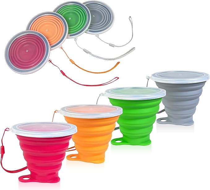 Collapsible Cups for Traveling - Portable Silicone Collapsible Cup with Lid, Reusable Collapsible Cups Drinking for Outdoor Hiking, Picnic, Fishing or Home Use (9.22oz) -4 Pack