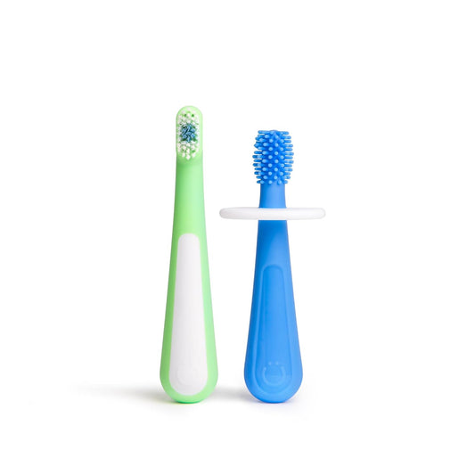 Ubbi Grow with Me Toothbrush Training Set for Babies and Toddlers, Includes One 360° Food-Grade Platinum Silicone and One Soft Bristled Toothbrush, Polaris Blue and Zest Green