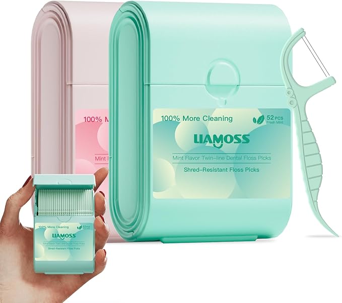 Twin-Line Floss Picks,2 Handy Case 104 Count Mint Flavor Dental Flossers for Adults,Comfort Toothpicks Sticks,Twice Cleaning Action for Tight Spaces,Extra Strong Shred Resistant Floss(Pink,Green)…