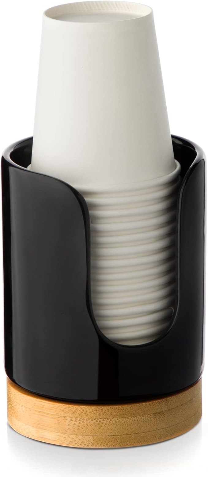 Ceramic Bathroom Cups Dispenser - 3 oz Disposable Paper & Plastic Bathroom Cups Holder - Mouthwash Cups Dispenser for Bathroom, Guest Toiletries, Countertop - BPA Free, Kids Safe (Black)