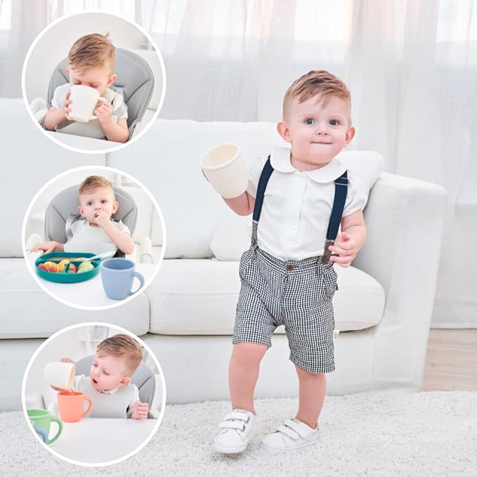 2 Pack Silicone Training Cups for Baby and Kids, Toddler Learning Cups with Handles, BPA Free, Microwave and Dishwasher (White & Grey Blue)