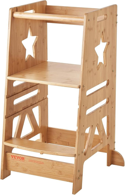 VEVOR Tower Step Stool, 3-Level Height Adjustable Toddler Step Stools for Kids, Bamboo Kitchen Stool, Kids Standing Tower Learning Stool with Safety Rail for Kitchen Counter Bathroom, 350LBS