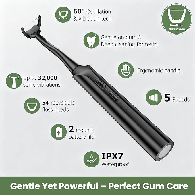 Electric Flosser for Teeth, Water Flosser Alternative with 5 Speeds + 54 Refill Heads, 5X Cleaning & 60 Day Battery Life, Oscillation Gliding for Sensitive Gum Care, Dentist Recommended -Black