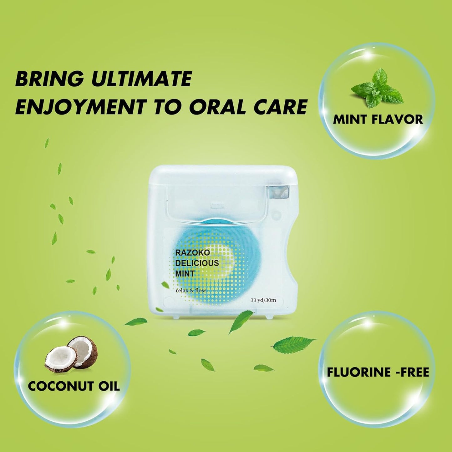 RAZOKO Coconut Oil Infused Woven Dental Floss, Vegan and Cruelty-Free, Mint Scent, 4 Month Supply(33 Yds x 2 Units)