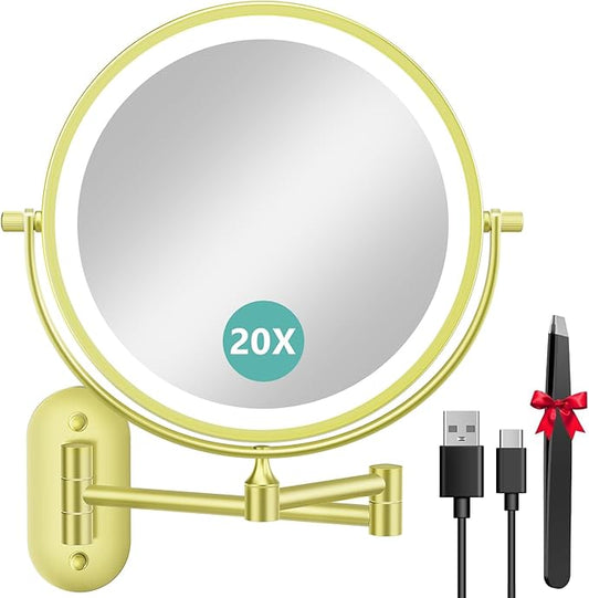 1X/20X Wall Mounted Makeup Mirror with Light, 8" Rechargeable Double-Sided Magnifying Mirror, Vanity Mirror Dimmable 3 Color Light, 360° Extension Rotation Foldable 14.5 Inch Arm for Bathroom