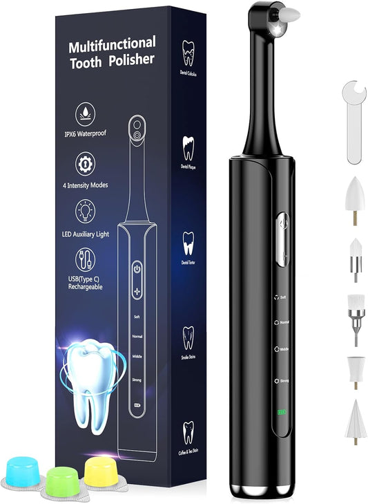 Tooth Polisher, Rechargeable Teeth Polisher with 5 Brush Heads, 4 Speed Modes, Tooth Whitening Kit for Cleaning and Polishing, LED Light, 3 Polish Pastes, IPX6 Waterproof Teeth Cleaning Tools, Black